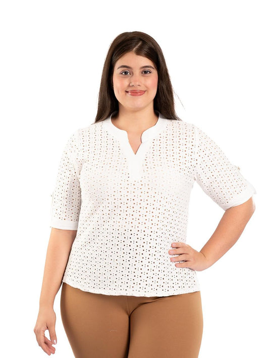 Elegant Textured Blouse / Flowers - Eyelet - Biscuit