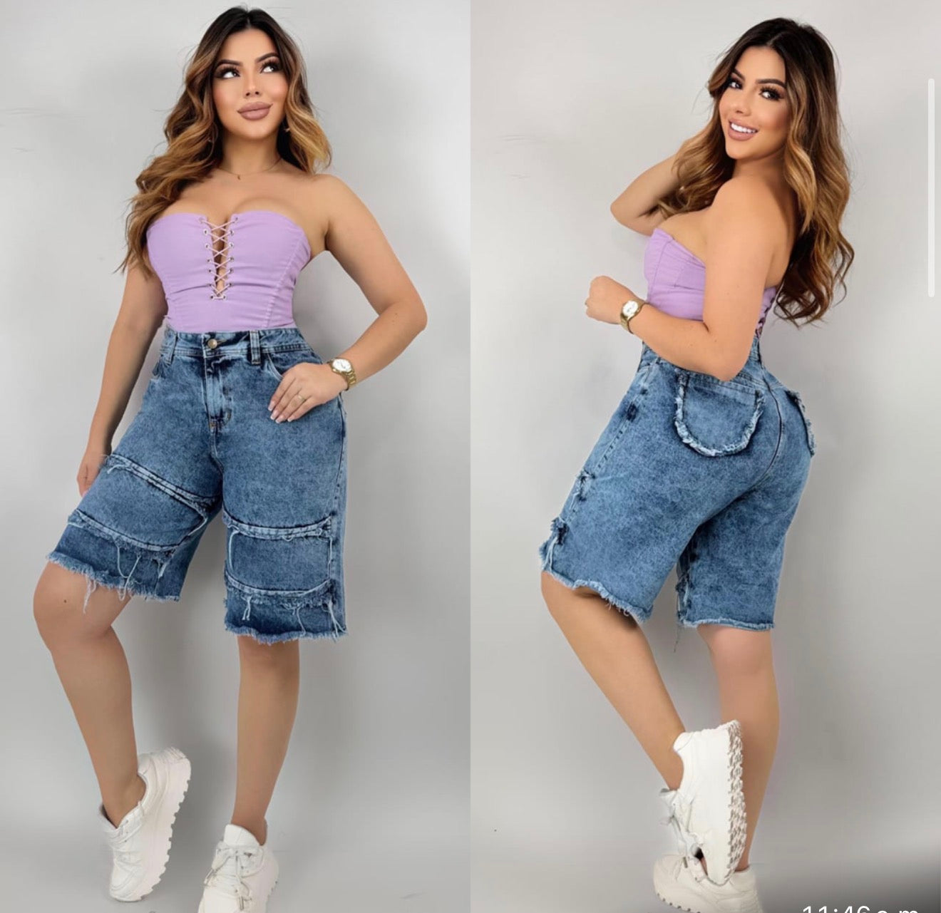 High‑Waisted Distressed Bermuda Shorts / Bermuda de Mezclilla Desgastada