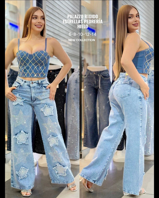 Palazzo Rigid Stars Rhinestones Ice