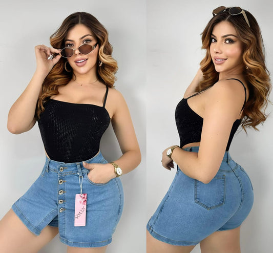 Button Front Denim Skort / Falda Short de Mezclilla con Botones